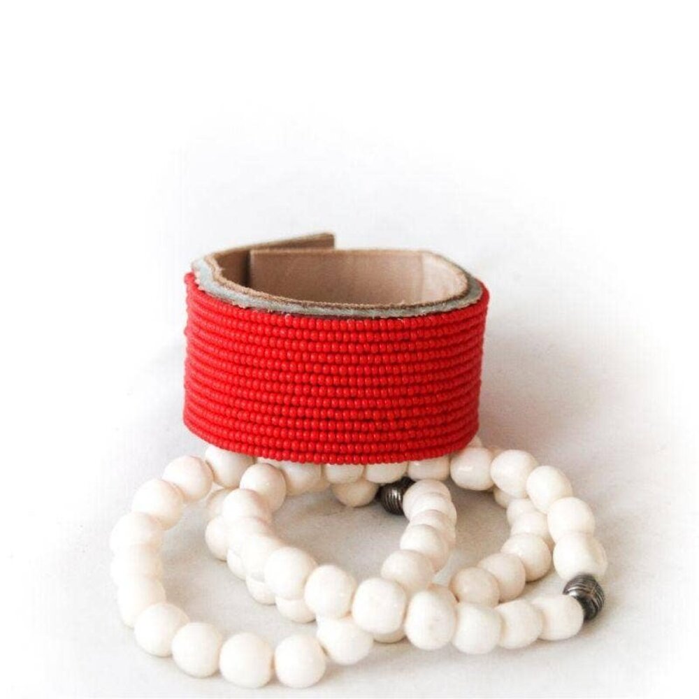Beaded red cuff bracelet